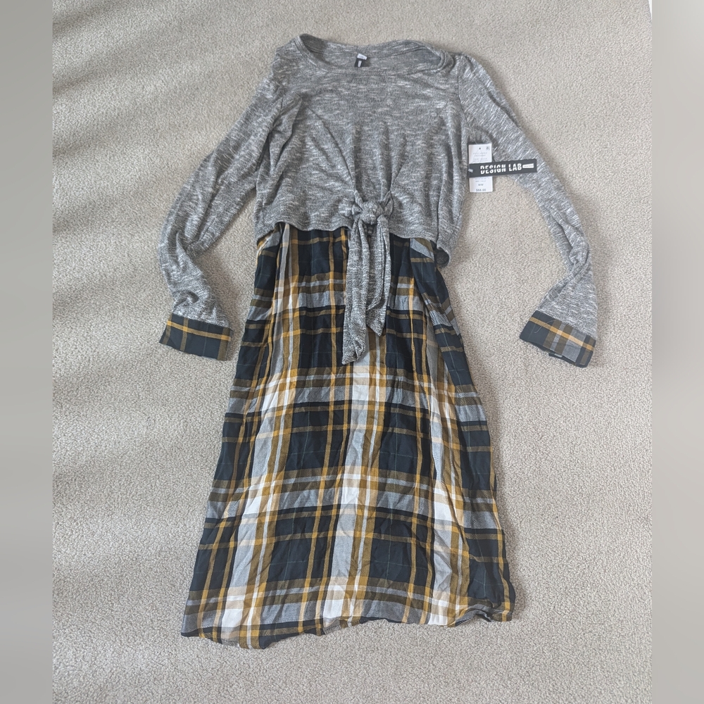 NWT Design Lab Two Piece Plaid Dress with Sweater Overlay